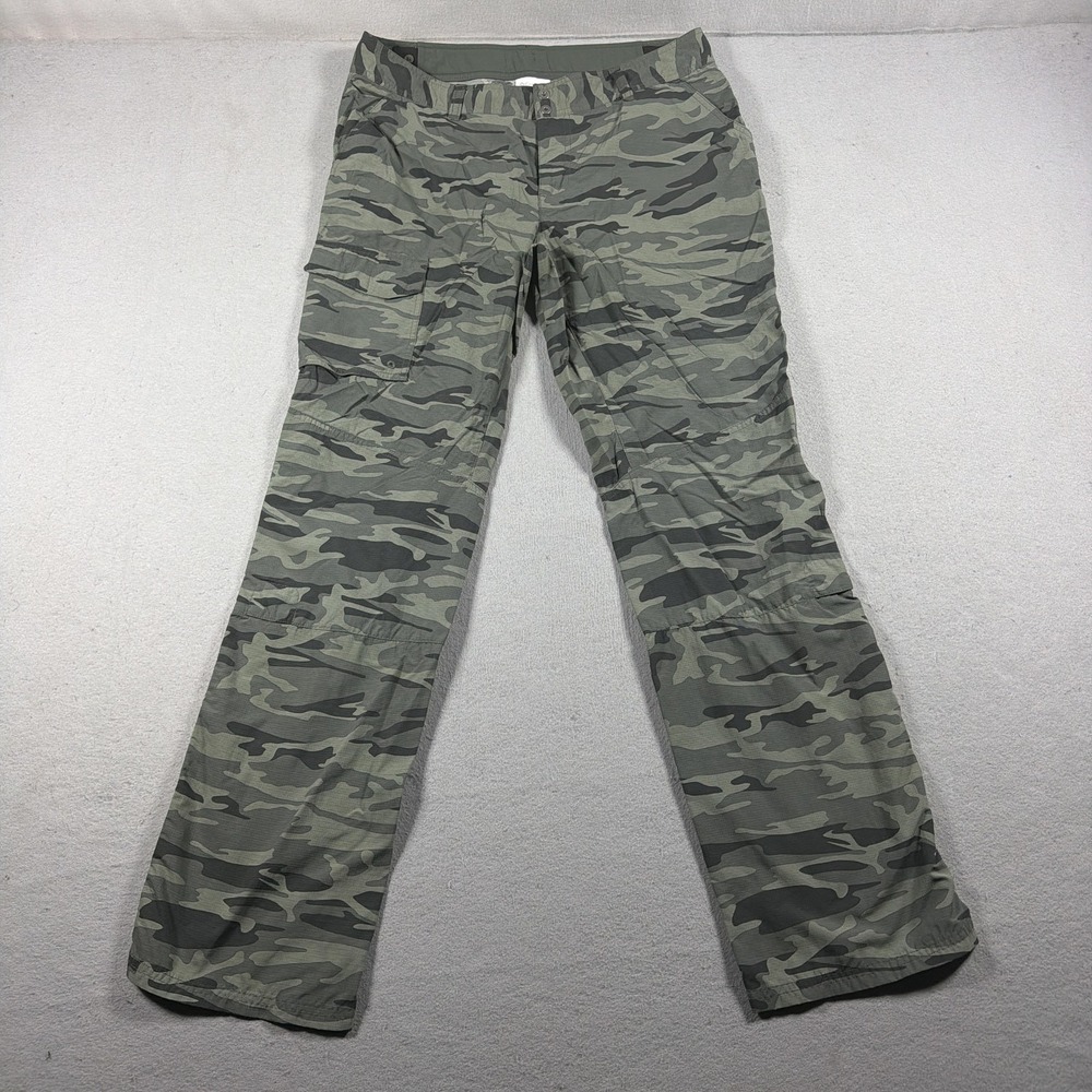 Columbia Pants Women 10 Green Camo Omni-Shade Hiking Nylon Straight Leg Cargo